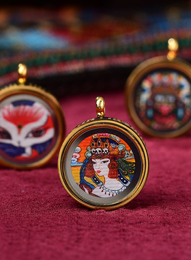 西藏小唐卡五爷扎基拉姆吊坠挂件转经轮款随身唐卡嘎乌盒挂坠男女