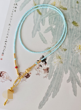 浅蓝绿松石项链女金色转金筒吊坠可拆卸长款挂链多用挂绳毛衣链