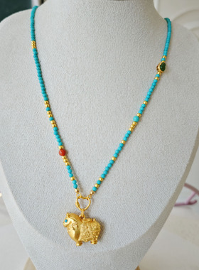 绿松石项链女黄金吊坠可拆卸万能链碧玉葫芦串珠新中式长款毛衣链