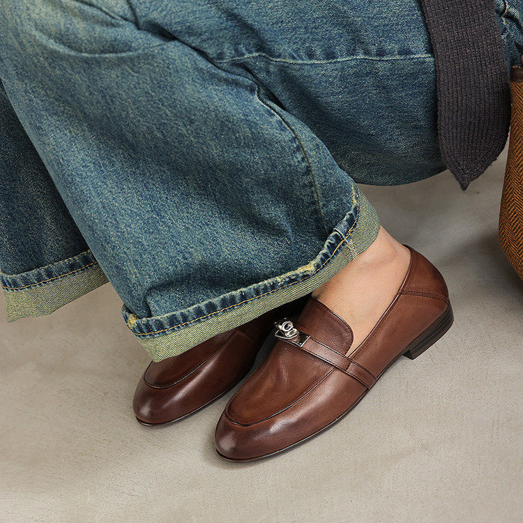 1.3cm真皮大底英伦风小皮鞋复古金属扣乐福鞋女小众单鞋高级感,淘宝优惠券,粉丝福利购,淘宝优惠卷