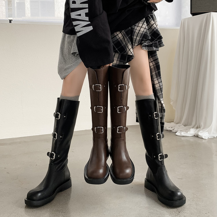 真皮女鞋名媛气质粗跟后拉链时装高跟2025秋冬新款圆头时装长靴女 - 图2