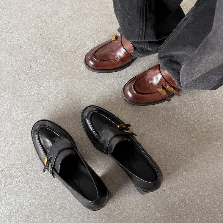 6.5cm真皮时尚圆头一脚蹬乐福鞋百搭英伦风显瘦小皮鞋粗高跟单鞋,淘宝优惠券,粉丝福利购,淘宝优惠卷