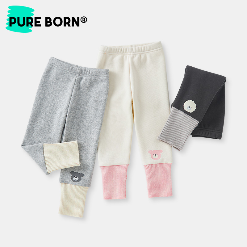 博睿恩宝宝加绒打底裤2025秋冬新款女童保暖弹力拼色百搭长裤子