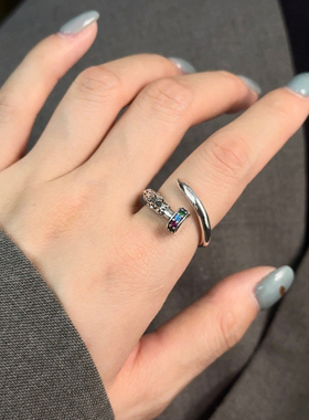 925银复古彩钻钉子开口戒指