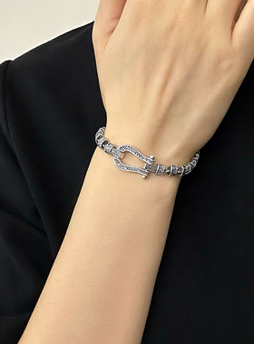 S925纯银复古唐草纹马蹄扣手链女小众高级轻奢个性百搭潮流手饰品