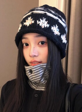 2026新款费尔岛针织帽女秋冬季保暖帽子显脸小毛线帽护耳套头冷帽