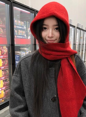 巴拉克拉法帽女秋冬红色帽子围巾一体保暖针织帽护耳毛线帽显脸小