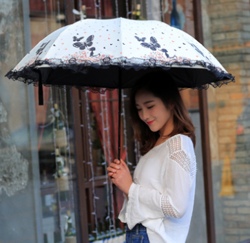 女生可爱蝴蝶公主蕾丝太阳伞黑胶防紫外线遮阳伞折叠超轻学生雨伞