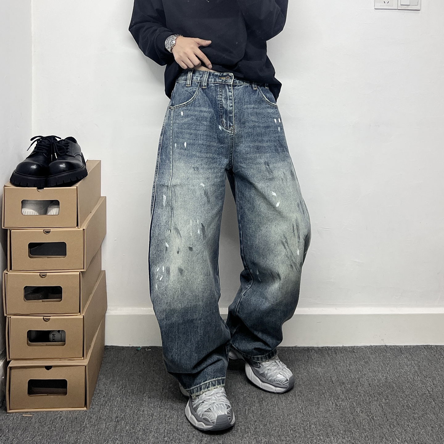 个性涂鸦泼墨弯刀牛仔裤男款潮牌痞帅炸街阔腿裤宽松休闲直筒裤子 - 图0