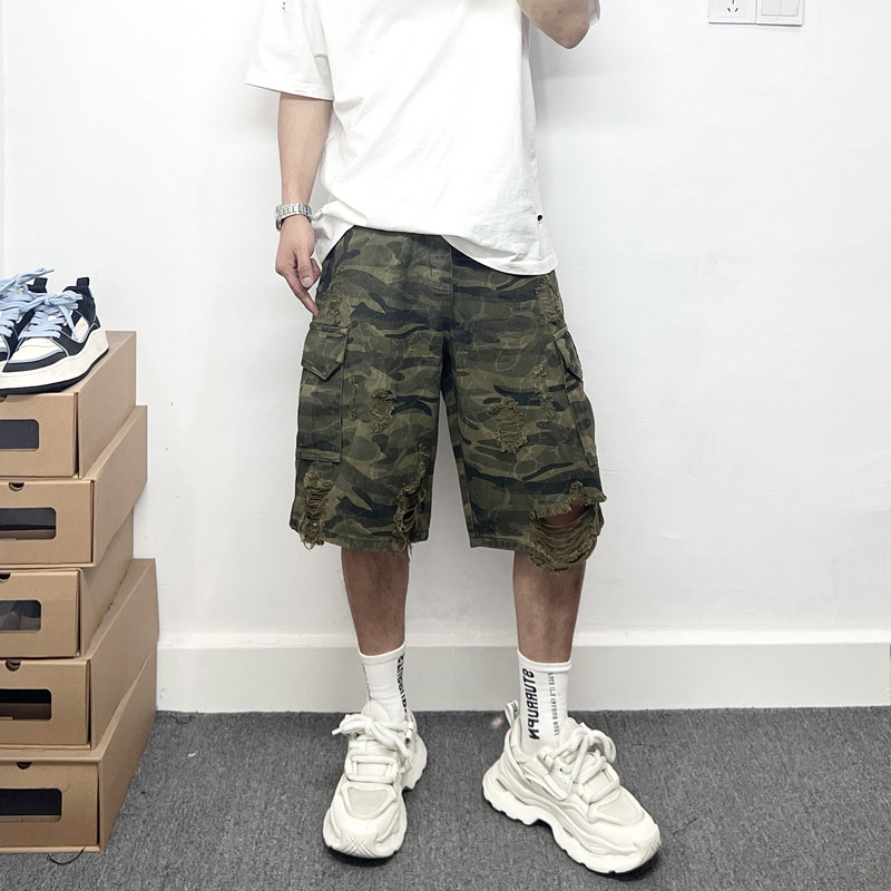 夏季宽松版休闲男士短裤潮牌多口袋破洞刮烂设计感迷彩工装五分裤,淘宝优惠券,粉丝福利购,淘宝优惠卷