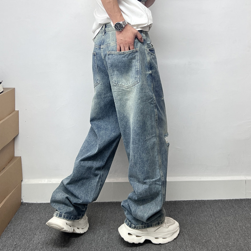 高级感阔腿直筒破洞牛仔裤男美式休闲宽松高腰显瘦哈伦裤微垮长裤,淘宝优惠券,粉丝福利购,淘宝优惠卷