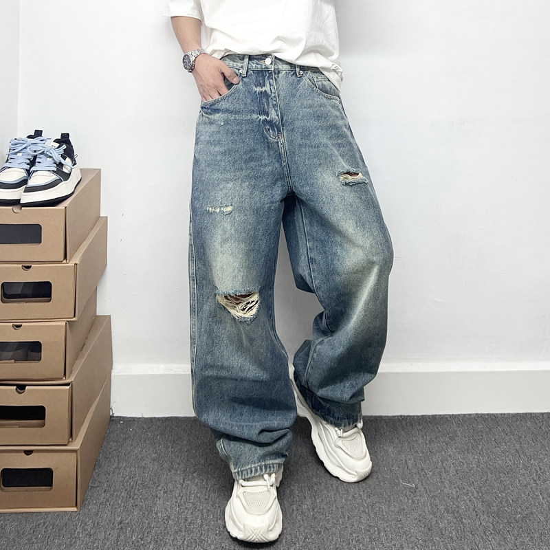 高级感阔腿直筒破洞牛仔裤男美式休闲宽松高腰显瘦哈伦裤微垮长裤,淘宝优惠券,粉丝福利购,淘宝优惠卷