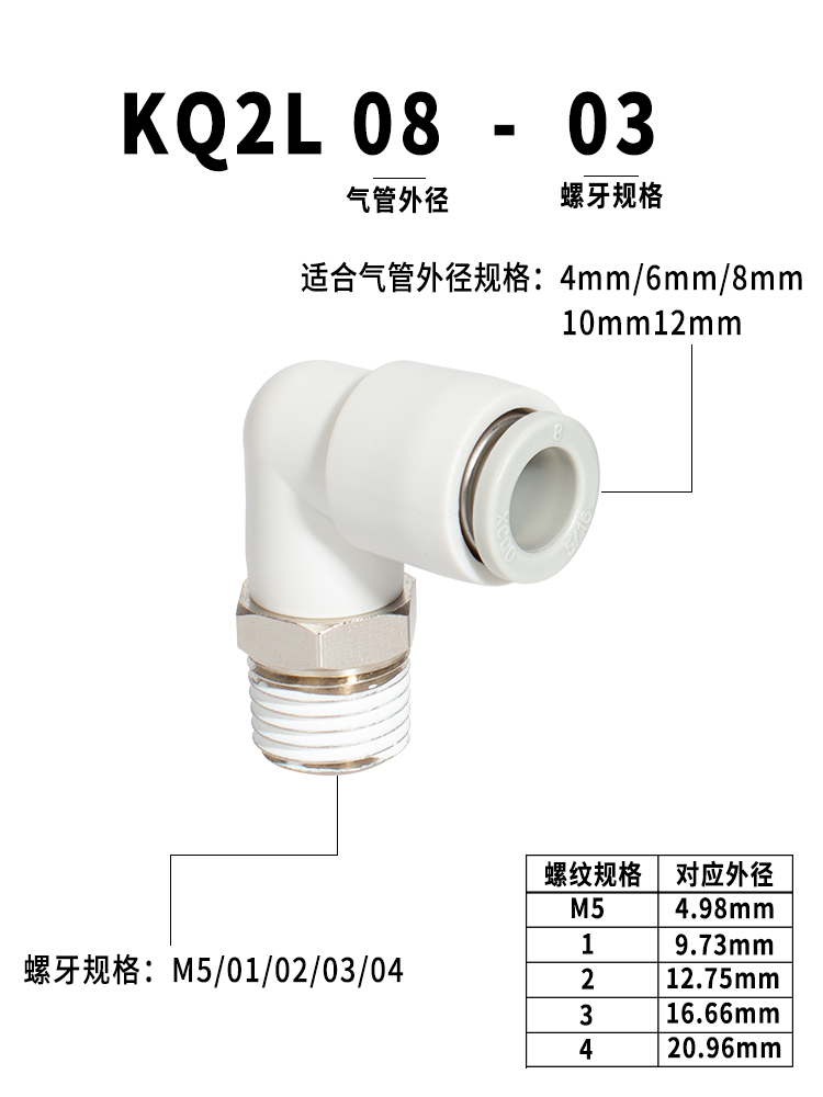 星辰气动气管快插接头快速接头快拧弯接头PL04/06/08/10-M5-01-02 - 图3