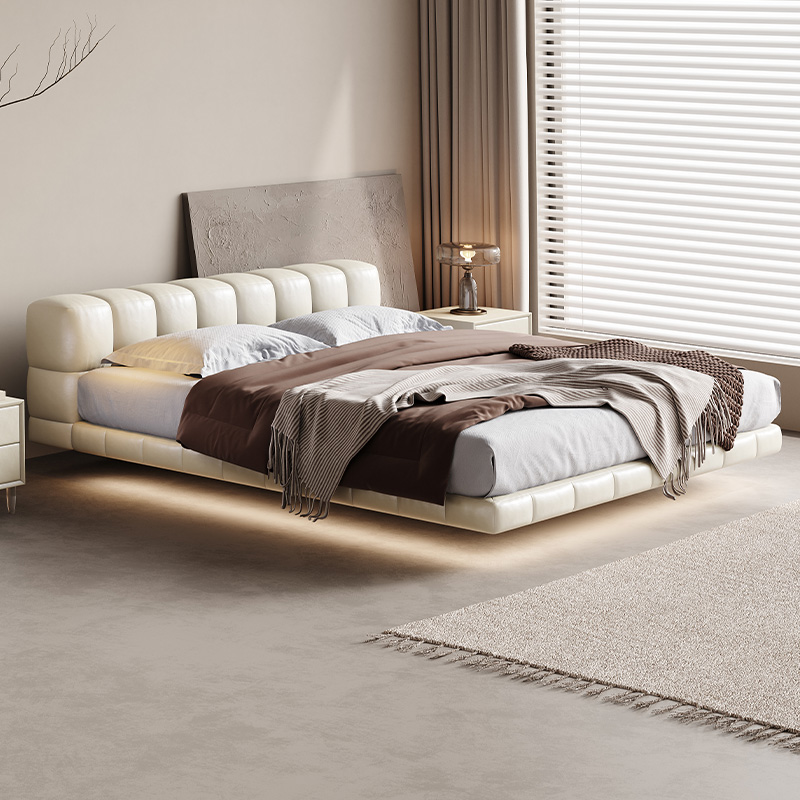 布雷尔泡芙床真皮悬浮床意式极简黑色床轻奢现代简约巧克力软包床 - 图0