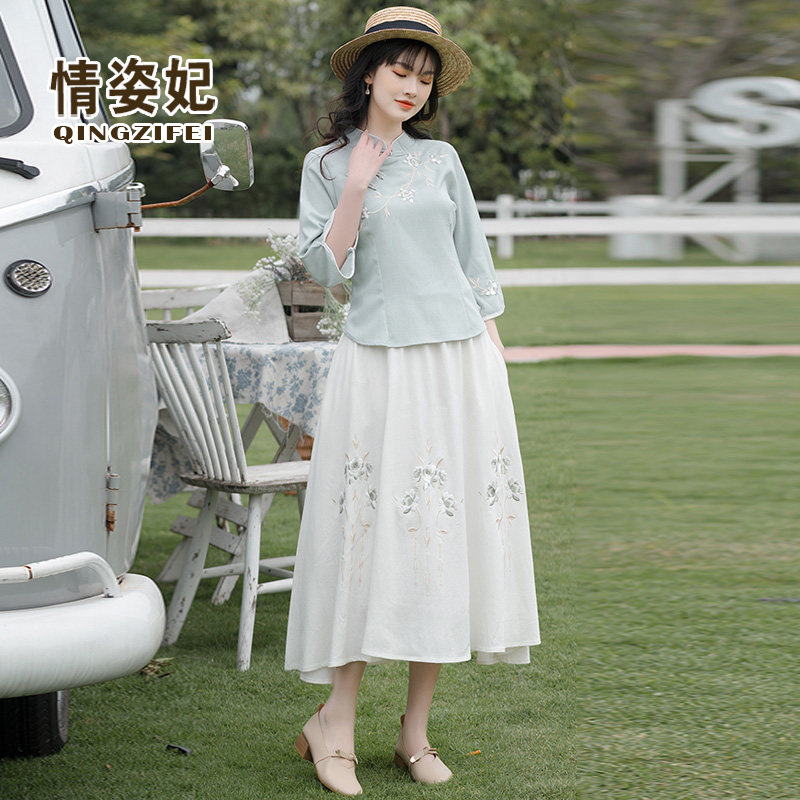 民国大码复古唐装茶服棉麻清新旗袍 情姿妃上衣