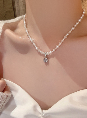 「美神降临」轻奢气质方糖白钻珍珠项链生日礼物高级感锁骨链女