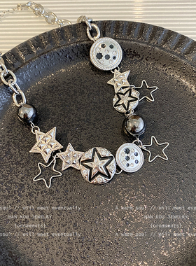 朋克复古纽扣星星重工项链