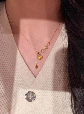 复古金色拉丝镂空爱心流苏项链女轻奢小众高级感简约锁骨颈链配饰