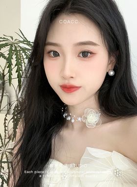 白色网纱玫瑰花珍珠项链超仙气质轻奢婚礼礼服颈链