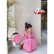 Cream KIDS Girls Pink Love Dress Summer 2022 New Western School Short Sleeve Princess Skirt Baby Skirt