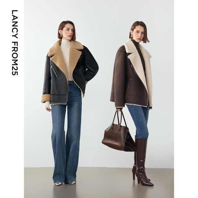 Langzi's casual temperament lapel motorcycle jacket winter high-end new imitation fur