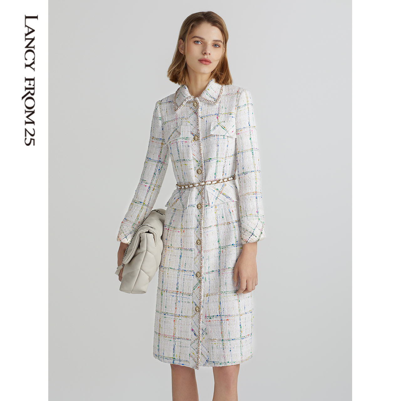 朗姿高定小香风肌理感编织连衣裙 朗姿连衣裙