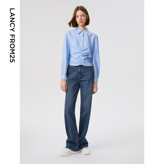 朗姿棉质法式复古直筒气质高腰显瘦时尚长裤子春季新品蓝色牛仔裤