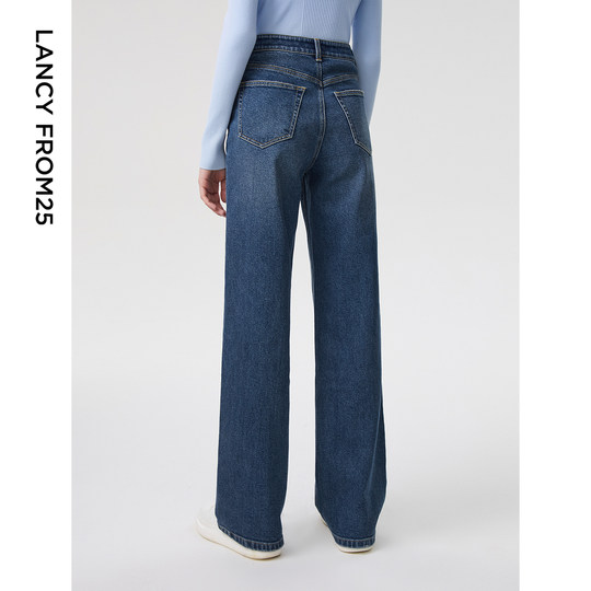 朗姿棉质法式复古直筒气质高腰显瘦时尚长裤子春季新品蓝色牛仔裤