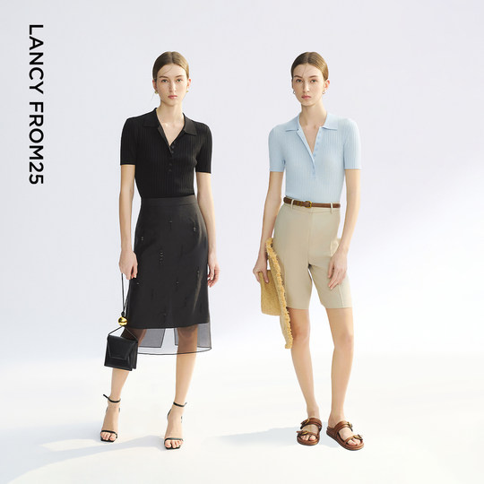 朗姿POLO领坑条肌理针织衫女纯色百搭休闲套头衫2025年夏季新款