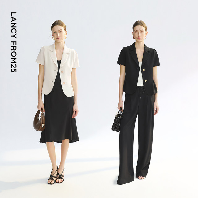 Langzi 25 flat lapel acetate short-sleeved business suit jacket black and white ol commuter style suit for women summer ຮູບແບບໃຫມ່