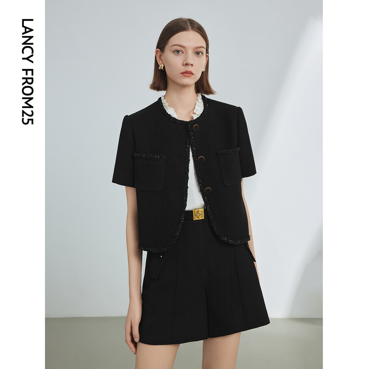 朗姿醋酸法式小香风气质高级感短袖外套女2024夏新款设计感短外套