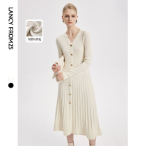 Lanpose pure wool v collar collection waist display slim long sleeves Knitted Dress Temperament Long Dress 2023 New Winter One-piece Dress