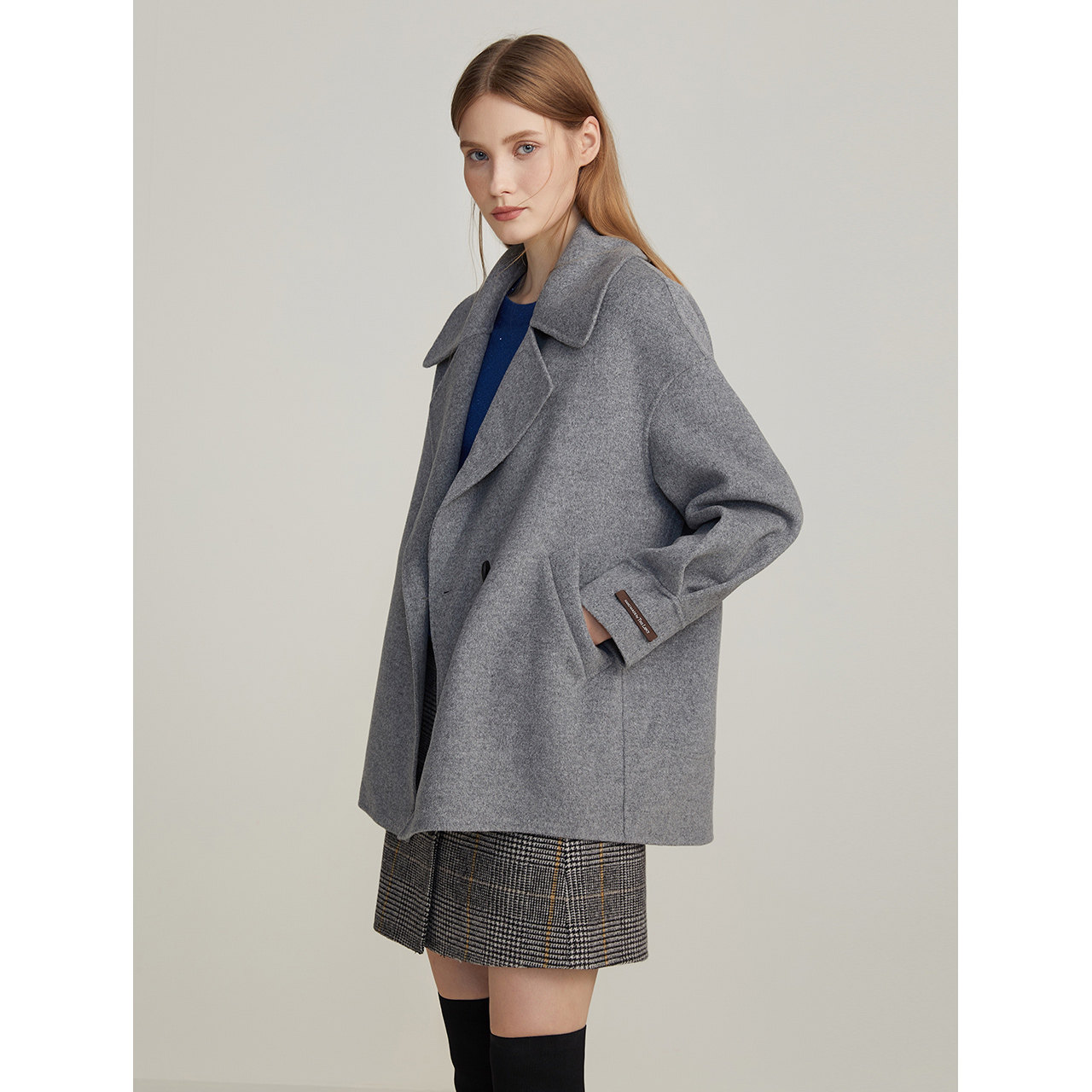 朗姿手工高定双面羊毛大翻领呢大衣 朗姿毛呢外套