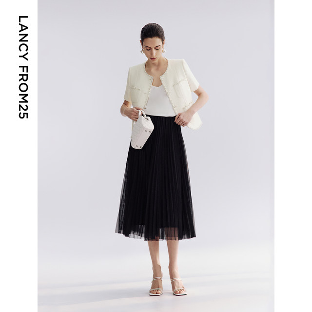 Langzi 2025 summer new style short-sleeved round neck small fragrant short jacket box-shaped webbing French white elegant top