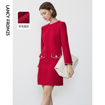Lanzy wool 2023 New French style advanced senses red small scents windy with dress temperament slim dresses
