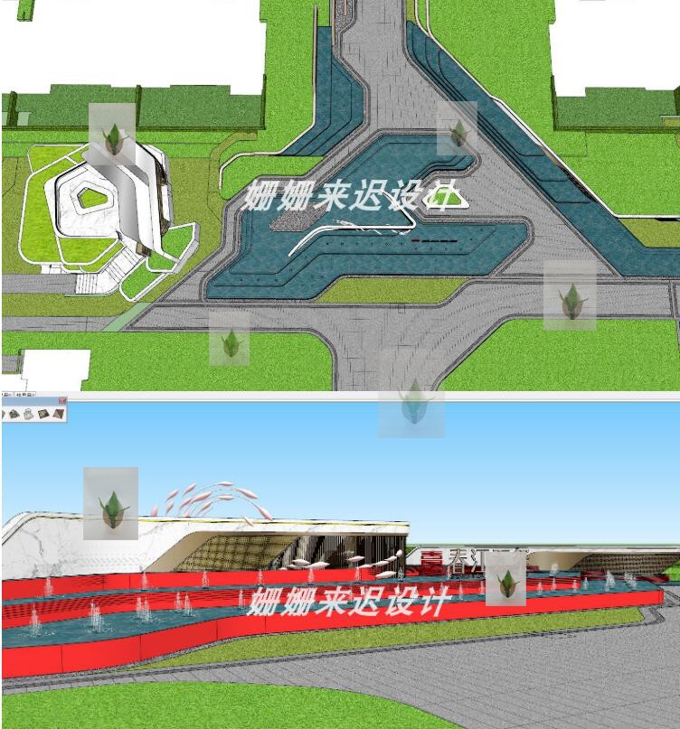 新亚洲新中式居住区住宅小区园林景观规划廊架入口大门水景SU模型 - 图1