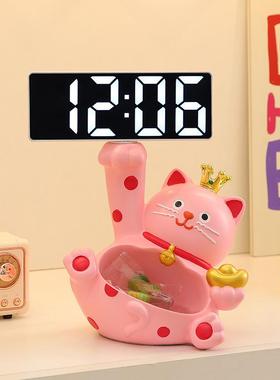 可爱波点猫桌面时钟装饰品摆件客厅玄关卧室台式钟表摆放式电子钟