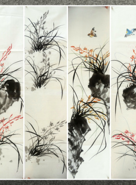 136X34厘米条幅装饰字画国画纯手绘花鸟四尺对开兰花AA301-22