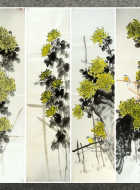 136X34厘米条幅装饰字画国画纯手绘花鸟画四尺对开菊花AE301-19