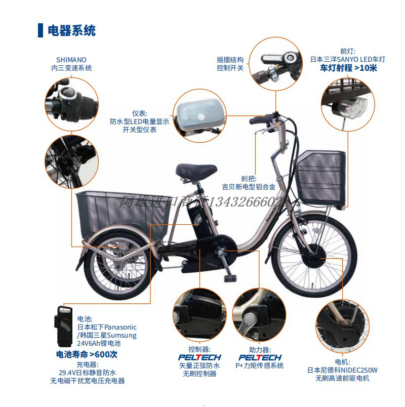 日本进口全新20寸帕克钢架三轮不倒翁日系内变三速电动助力自行车 - 图2
