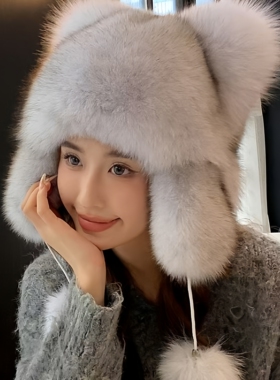 小浣熊护耳帽环保貉子毛雷锋霸王帽尾巴冬季狐狸男女儿童皮草帽子