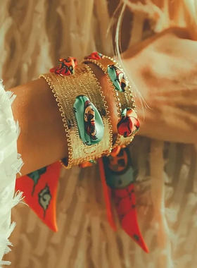 法式复古彩色丝巾手镯哑光金色开口手环女小众设计异域风叠搭首饰