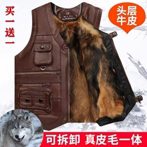 Real leather waistcoat male middle aged autumn and winter head layer cow leather multiple pocket waistcoat Shoulder Daddy Dress Casual Reporter Clothing