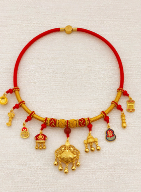 抓髻娃娃婴儿金锁项圈长命百福