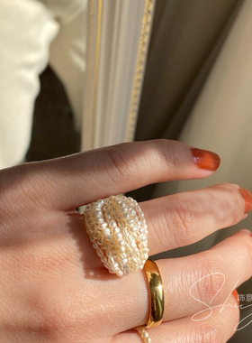 饰意设计款复古爆款重工手工棉线编织多层天然淡水珍珠戒指女