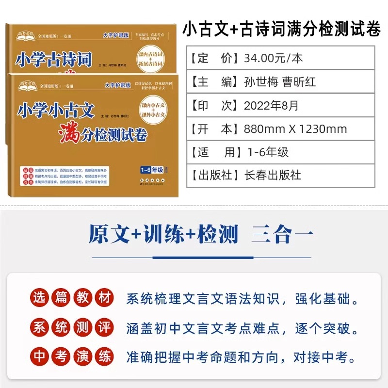 小學小古文滿分檢測試卷+小學古詩詞滿分檢測試卷1-6年級通用課內外古詩詞 小學生一二三四五六年級閱讀訓練專項測試卷子課內課外_文景圖書專營店_書籍/雜志/報紙
