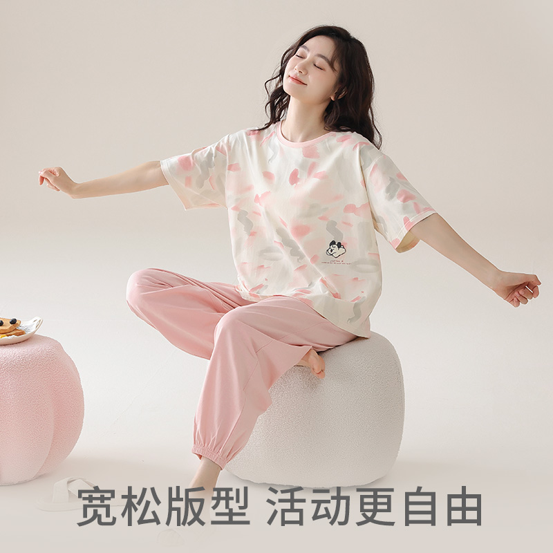 新一步女睡衣纯棉2024新款春夏季7A级抗菌短袖长裤家居服套装薄款