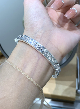 梦祥银吉言亮面银手镯女款光面推拉银镯子新中式国潮新年招财纳福