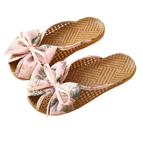 新款夏季藤席居家凉席拖鞋蝴蝶结家用室内清凉竹编鱼嘴包头鞋 - 图3