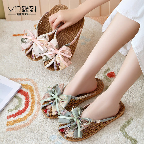 新款夏季藤席居家凉席拖鞋蝴蝶结家用室内清凉竹编鱼嘴包头鞋 - 图1